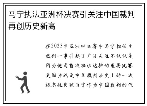 马宁执法亚洲杯决赛引关注中国裁判再创历史新高