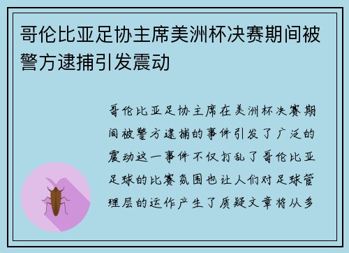 哥伦比亚足协主席美洲杯决赛期间被警方逮捕引发震动
