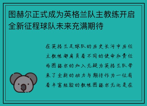 图赫尔正式成为英格兰队主教练开启全新征程球队未来充满期待